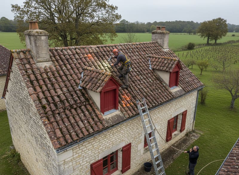 Artisan sur un toit pour rechercher une fuite