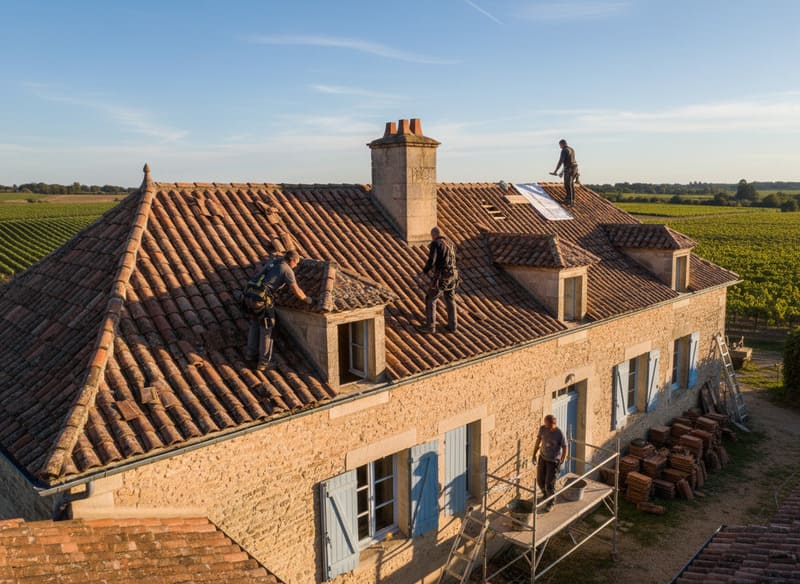 Réparation d'une toiture sur une maison Charentaise