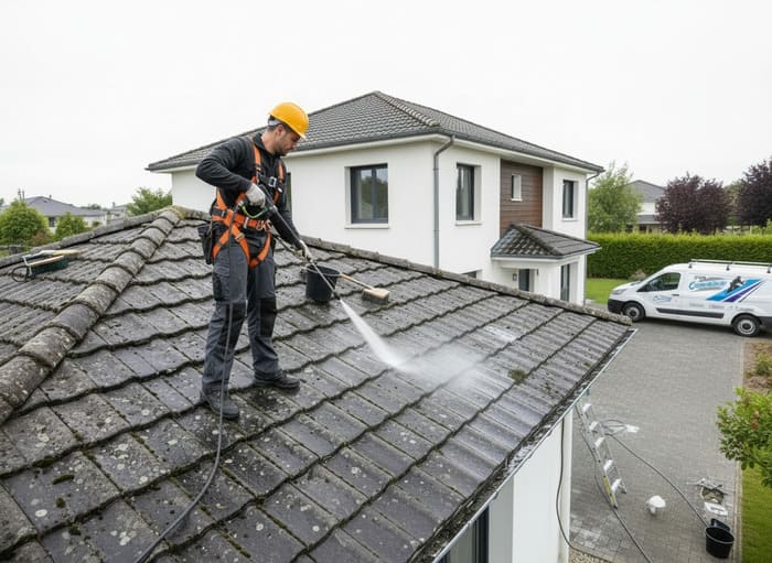 Photo de notre artisan qui fait le nettoyage d'une toiture de maison
