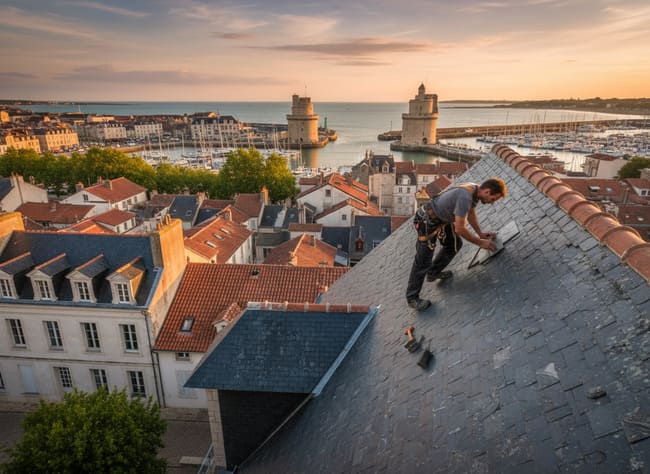 Notre artisan couvreur sur un toit à La Rochelle